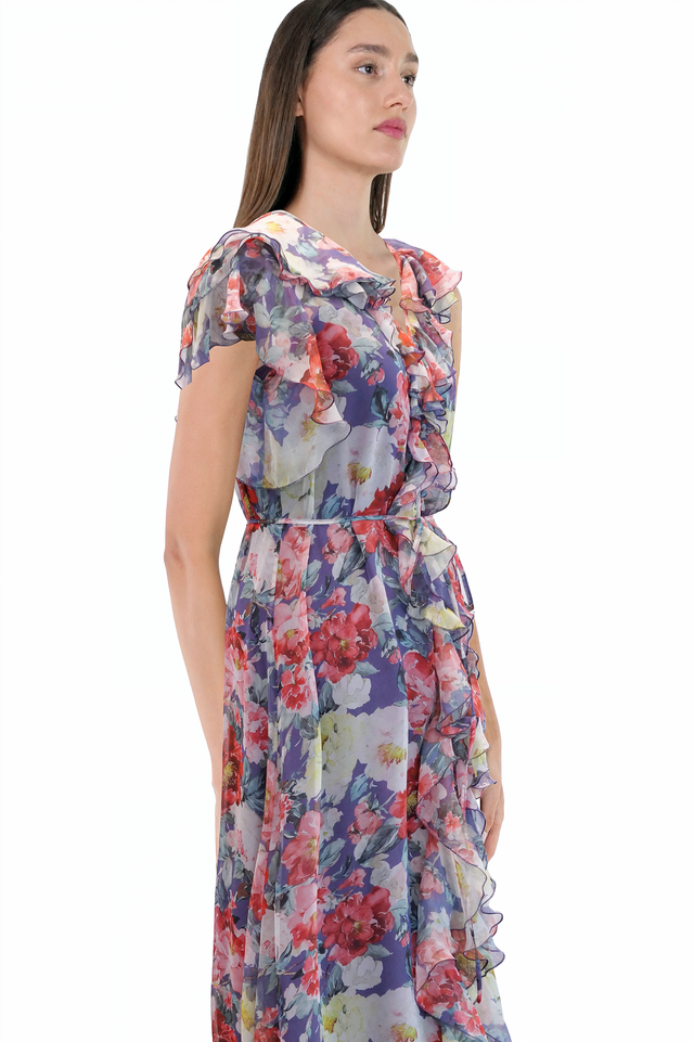 Mikael Aghal Blue Floral Ruffled Maxi Dress