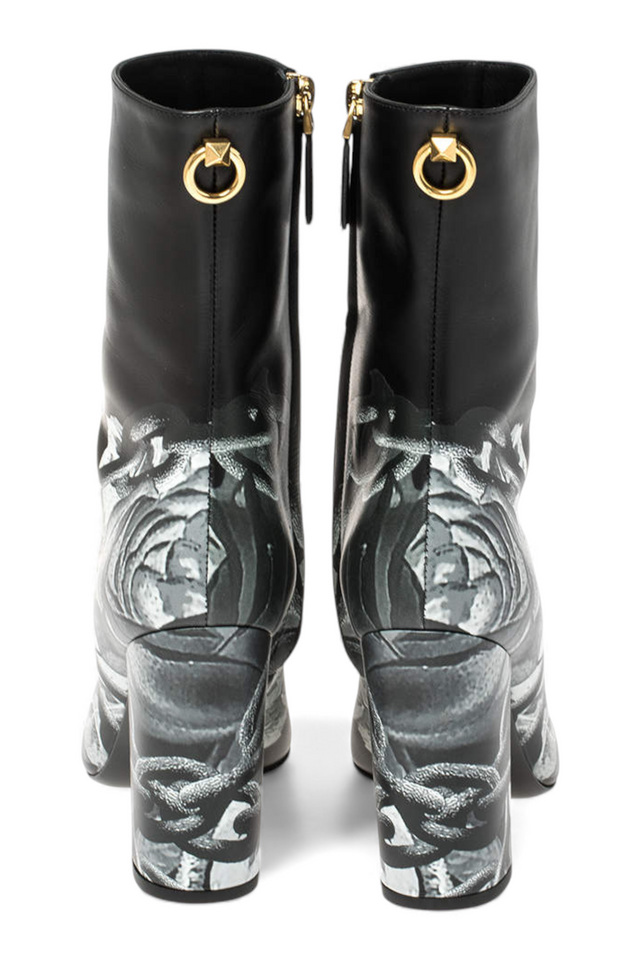 Valentino Garavani Floral-Print Leather Ankle Boots — Black & White