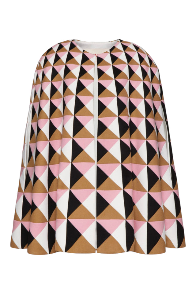 Valentino Geometric Print Cape Coat in Pink, Camel, and Black