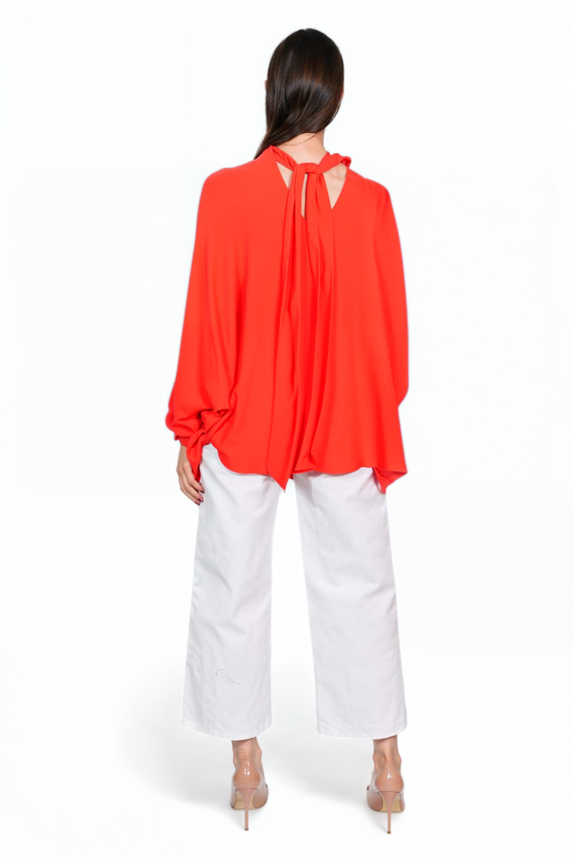 Valentino Orange High Neck Tunic Blouse with Draped Silhouette