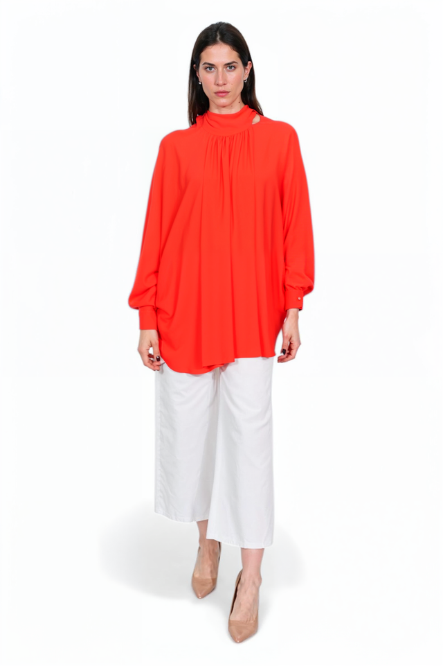 Valentino Orange High Neck Tunic Blouse with Draped Silhouette