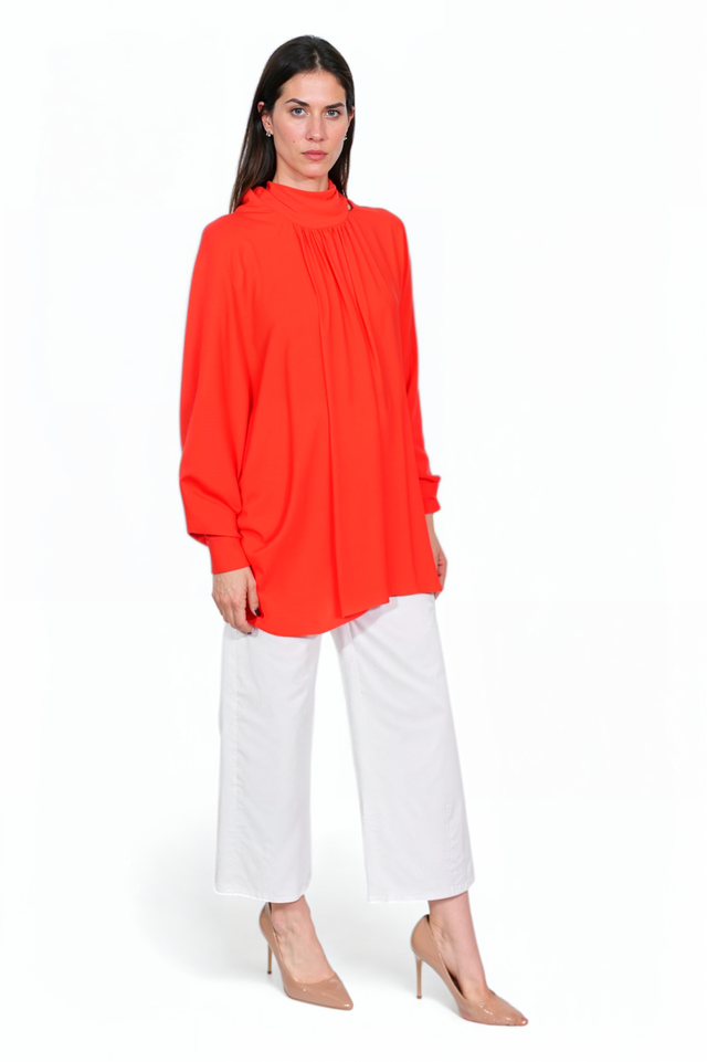 Valentino Orange High Neck Tunic Blouse with Draped Silhouette