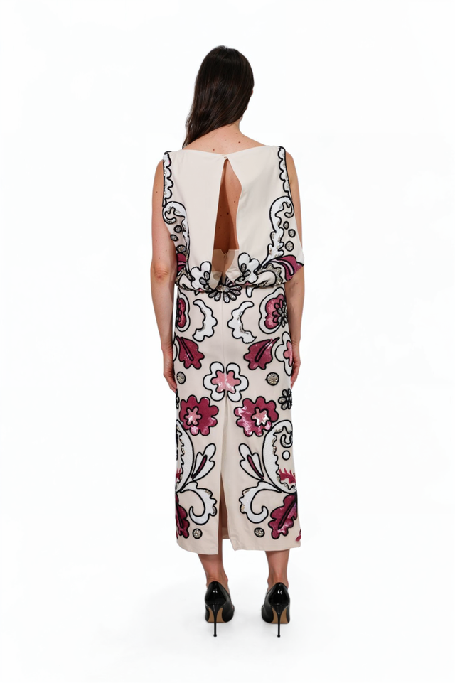 Valentino Embroidered Ivory Midi Dress with Pink and Black Floral Motif