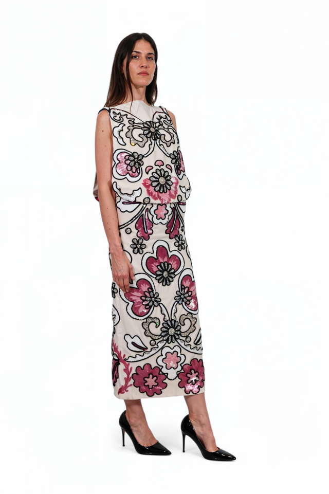 Valentino Embroidered Ivory Midi Dress with Pink and Black Floral Motif