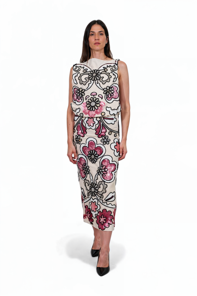 Valentino Embroidered Ivory Midi Dress with Pink and Black Floral Motif