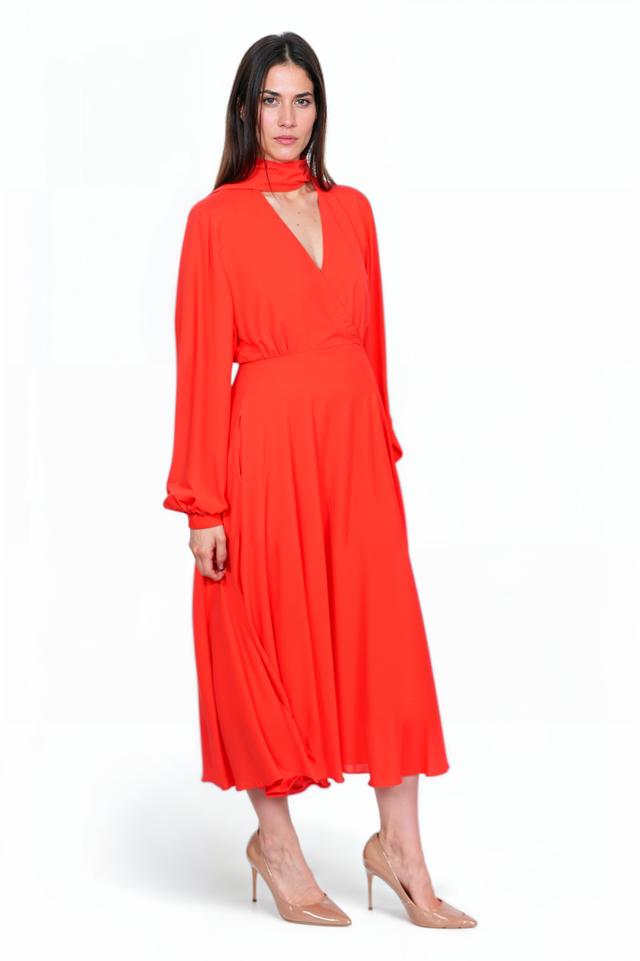 Valentino Red Long Sleeve Midi Dress with Scarf Neckline