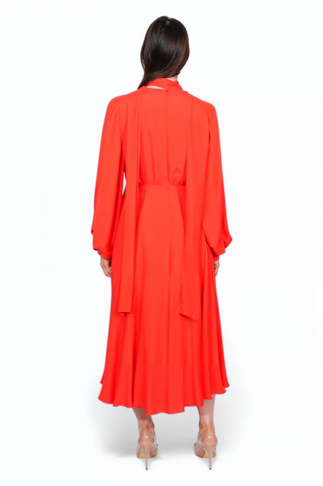 Valentino Red Long Sleeve Midi Dress with Scarf Neckline