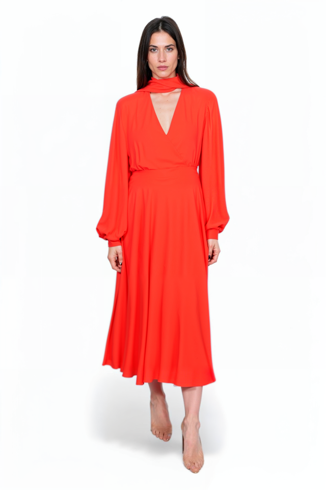 Valentino Red Long Sleeve Midi Dress with Scarf Neckline