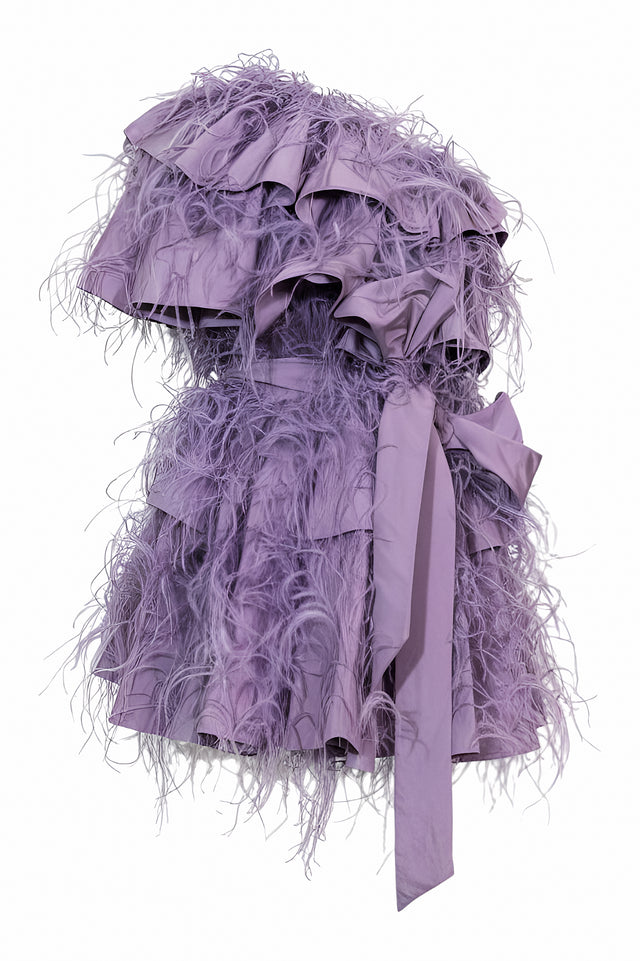 Valentino One-Shoulder Feathered Mini Dress