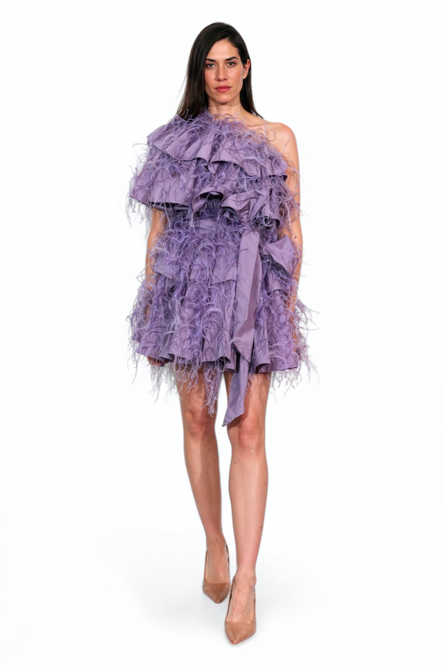 Valentino One-Shoulder Feathered Mini Dress