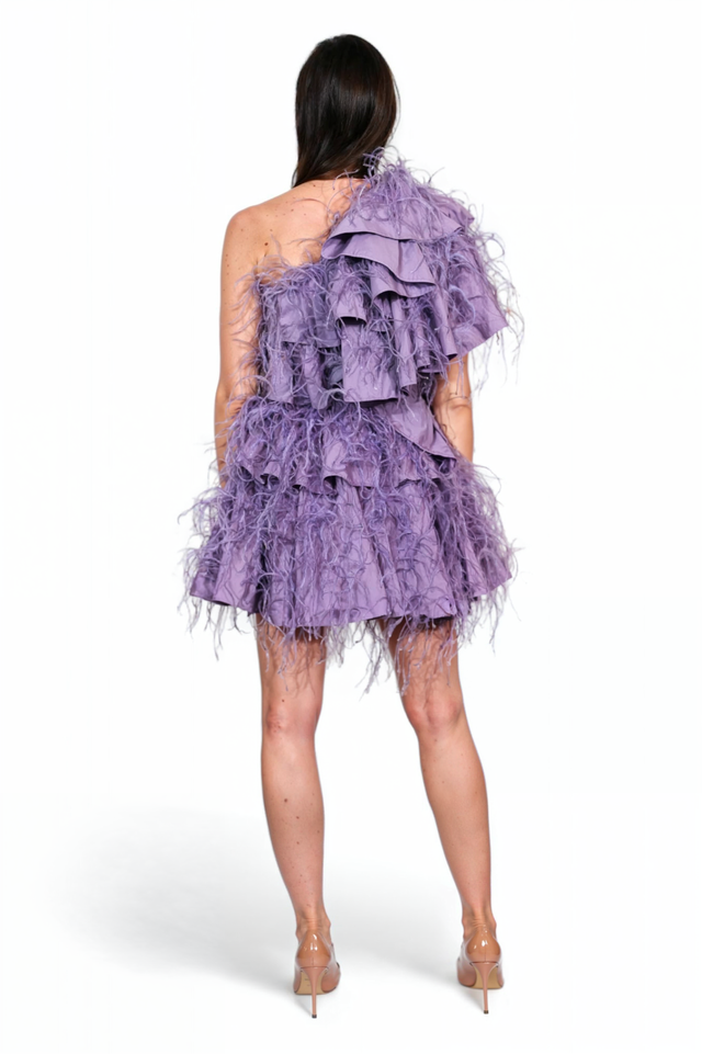 Valentino One-Shoulder Feathered Mini Dress