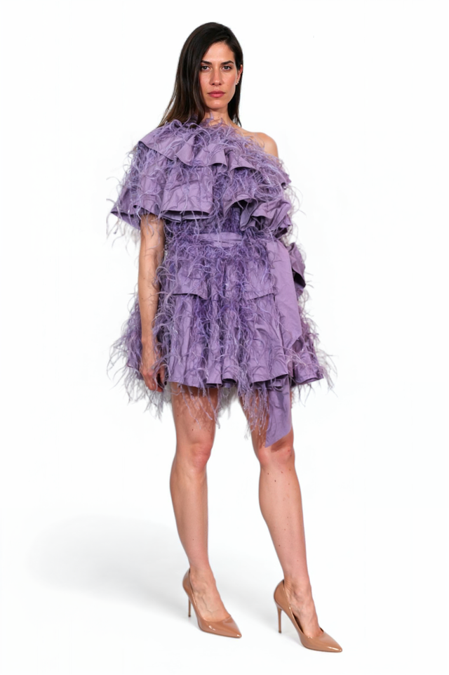 Valentino One-Shoulder Feathered Mini Dress