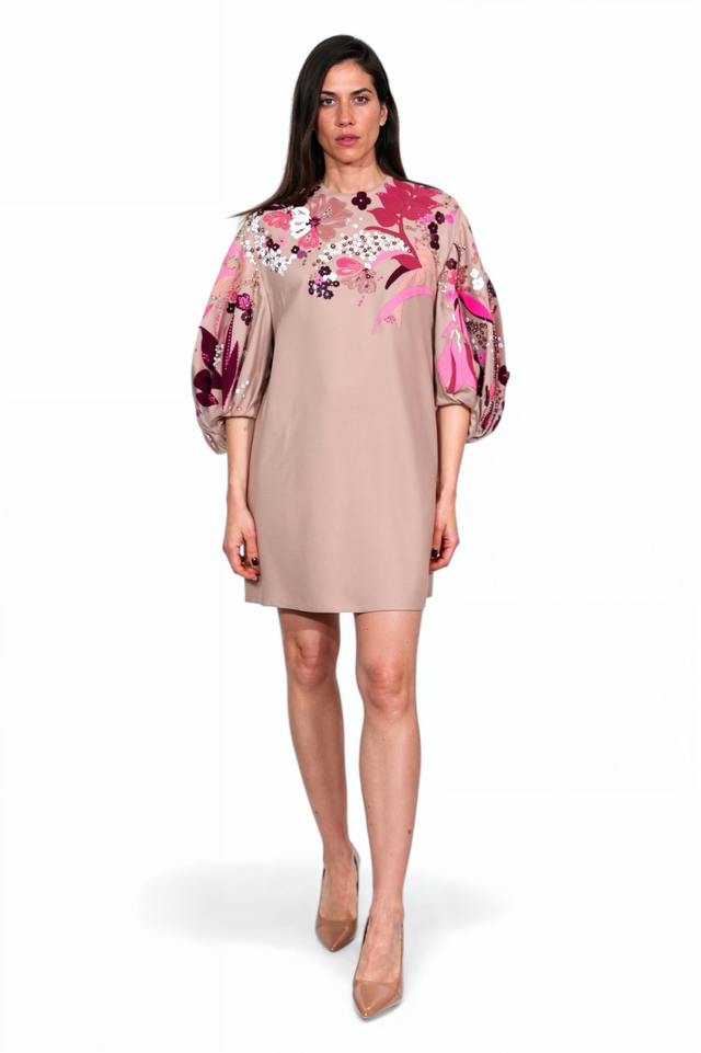 Valentino Embellished Floral Mini Dress with Puff Sleeves