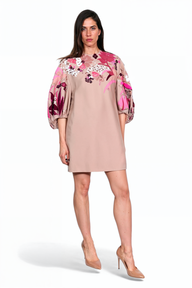 Valentino Embellished Floral Mini Dress with Puff Sleeves