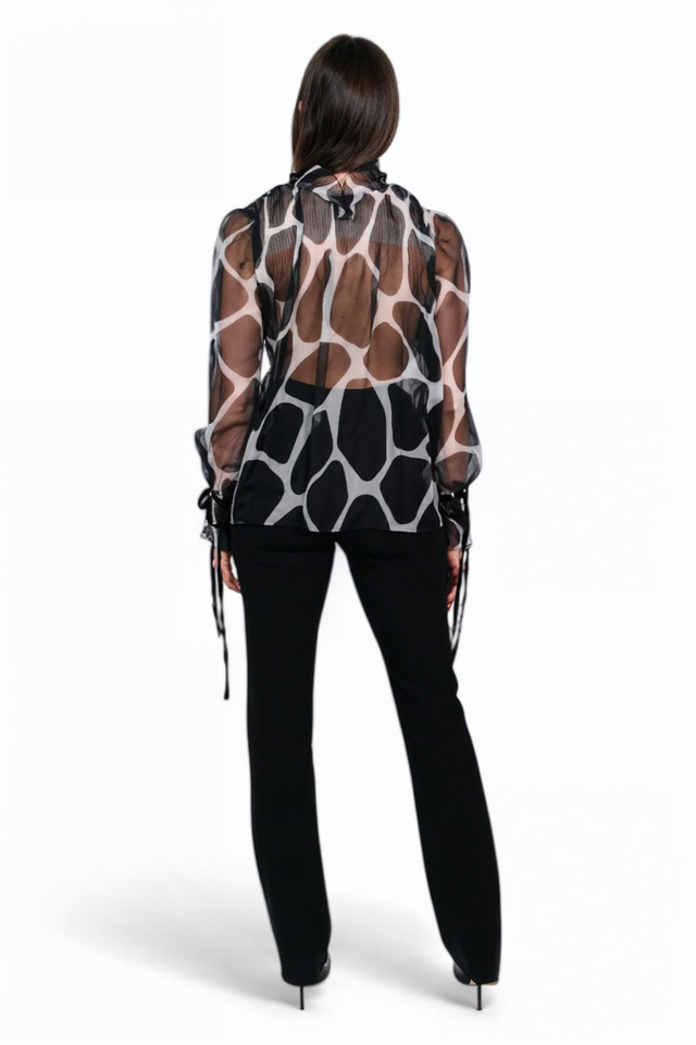 Valentino Sheer Giraffe-Print Silk Blouse with Tie Neck