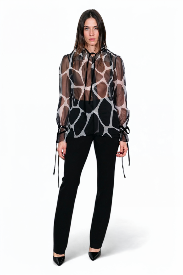 Valentino Sheer Giraffe-Print Silk Blouse with Tie Neck
