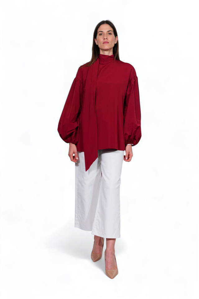 Valentino Voluminous Sleeve Blouse in Bordeaux with Tie Neck