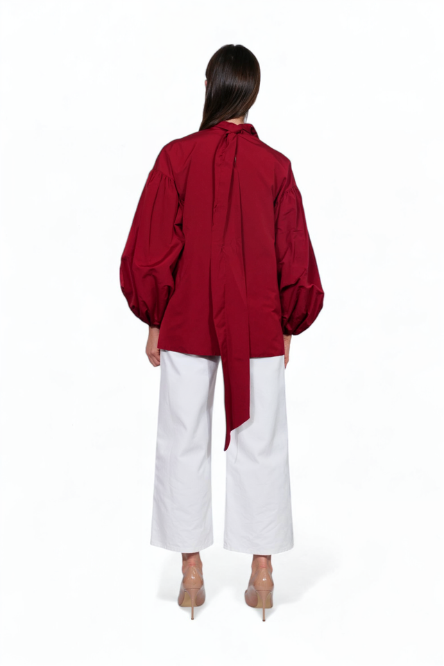 Valentino Voluminous Sleeve Blouse in Bordeaux with Tie Neck