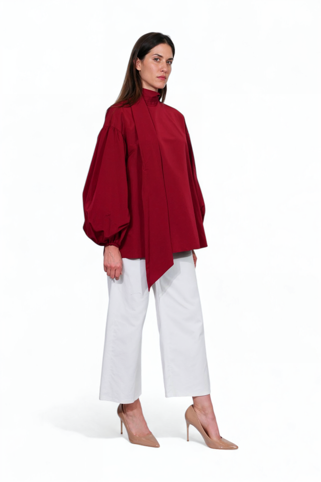 Valentino Voluminous Sleeve Blouse in Bordeaux with Tie Neck