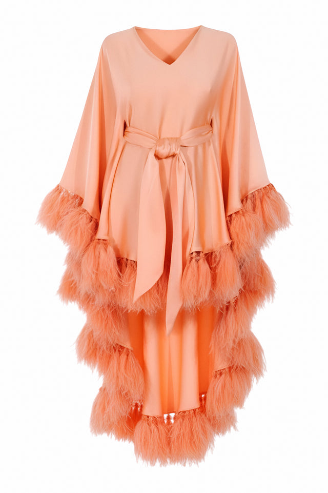 Valentino Peach Feather-Trimmed Kaftan Dress