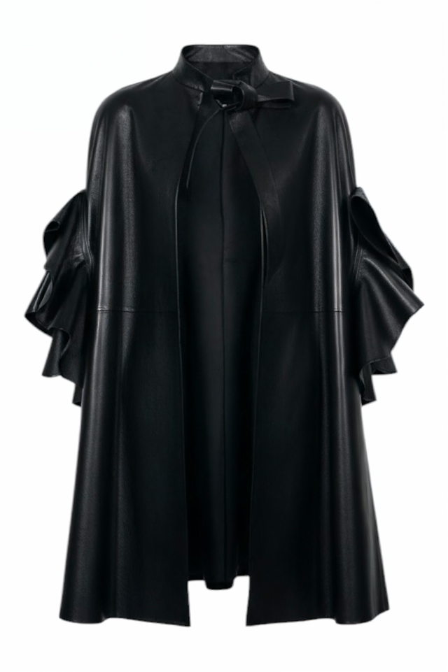 Black Ruffled Leather Cape Coat