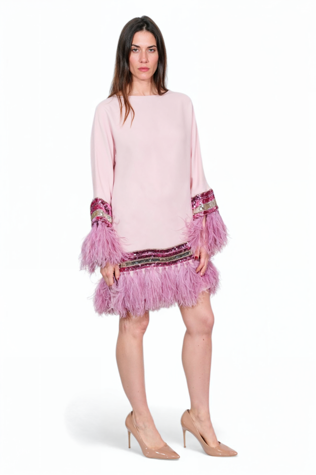 Valentino Embellished Feather-Trim Mini Dress