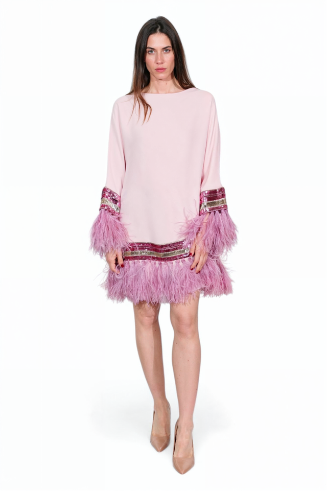 Valentino Embellished Feather-Trim Mini Dress
