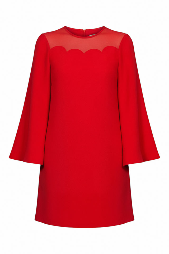 Valentino Red Scallop Yoke Mini Dress with Flared Sleeves
