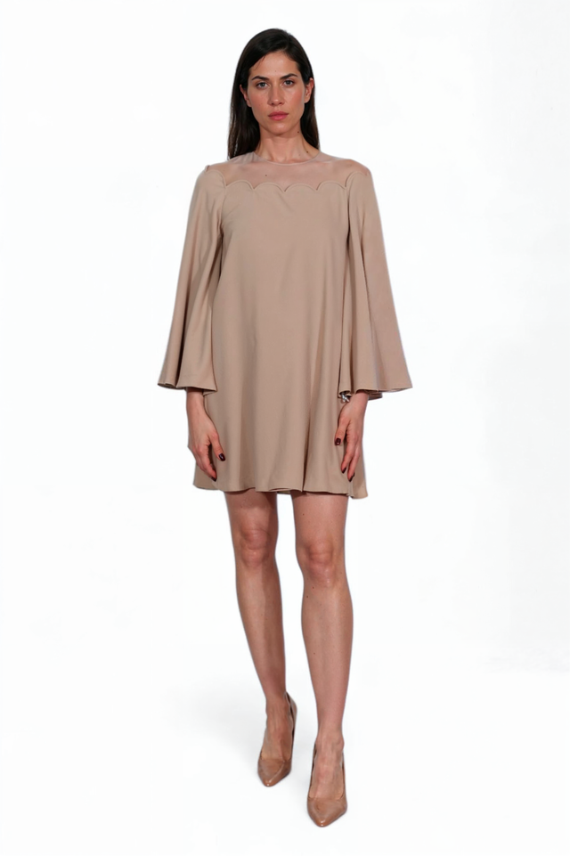 Valentino Red Scallop Yoke Mini Dress with Flared Sleeves