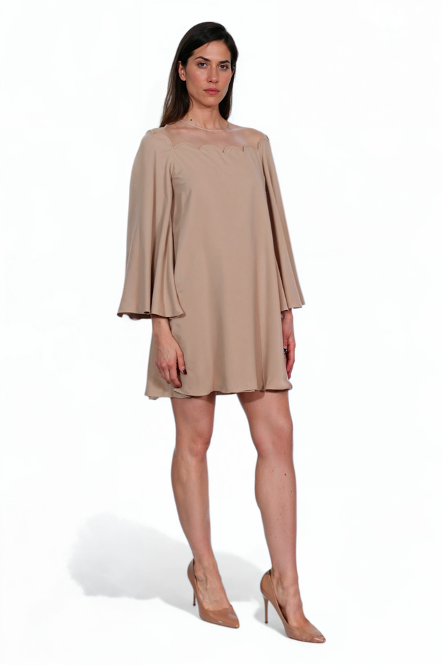 Valentino Red Scallop Yoke Mini Dress with Flared Sleeves