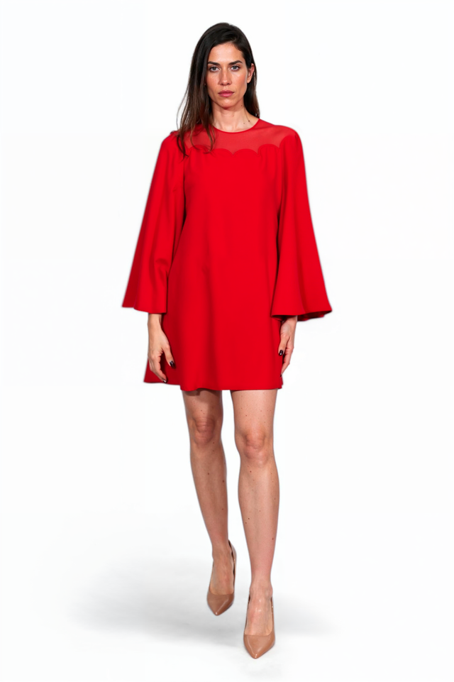 Valentino Red Scallop Yoke Mini Dress with Flared Sleeves