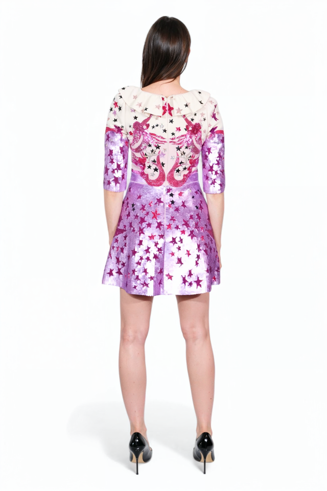 Valentino Star-Embroidered Sequin Dress with Ruffle Collar