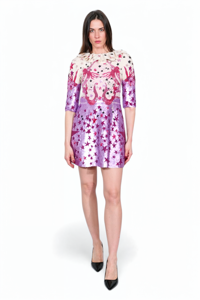 Valentino Star-Embroidered Sequin Dress with Ruffle Collar