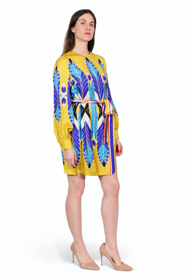 Valentino Yellow & Blue Feather Print Mini Dress