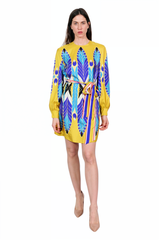 Valentino Yellow & Blue Feather Print Mini Dress