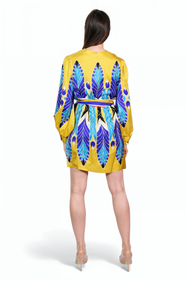 Valentino Yellow & Blue Feather Print Mini Dress