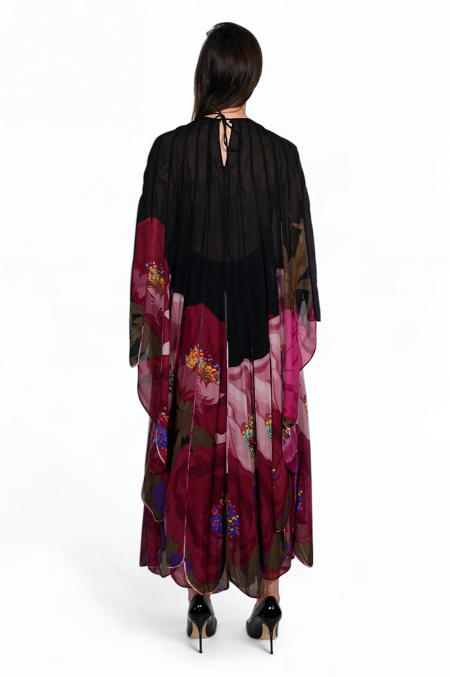 Valentino Floral Silk Chiffon Cape Dress