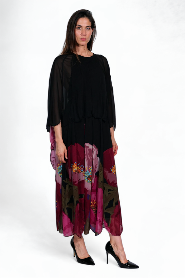 Valentino Floral Silk Chiffon Cape Dress