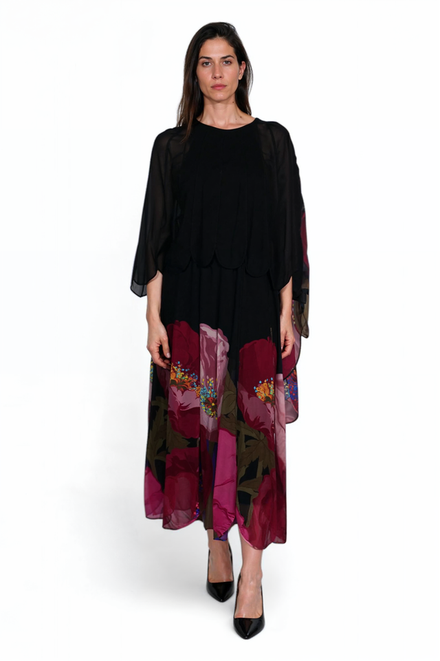 Valentino Floral Silk Chiffon Cape Dress