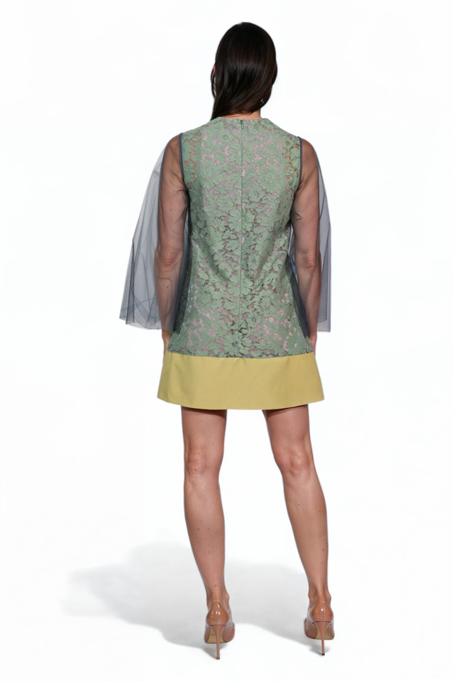 Valentino Lace Overlay Mini Dress with Sheer Sleeves