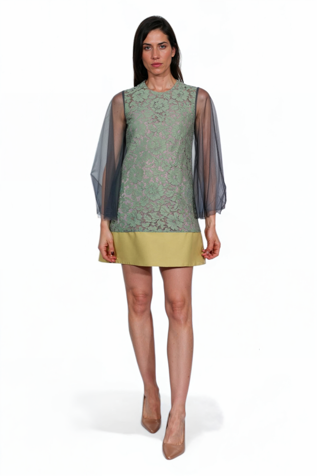Valentino Lace Overlay Mini Dress with Sheer Sleeves