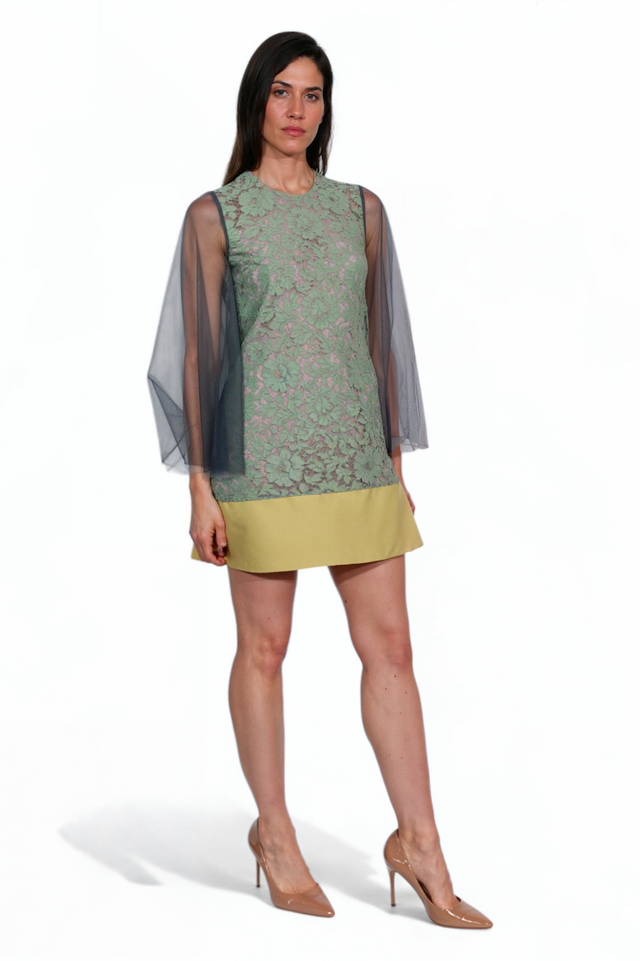 Valentino Lace Overlay Mini Dress with Sheer Sleeves
