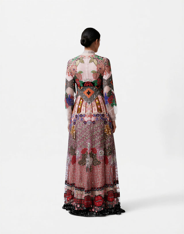 Valentino Multicolor Embroidered Sheer Long-Sleeve Gown