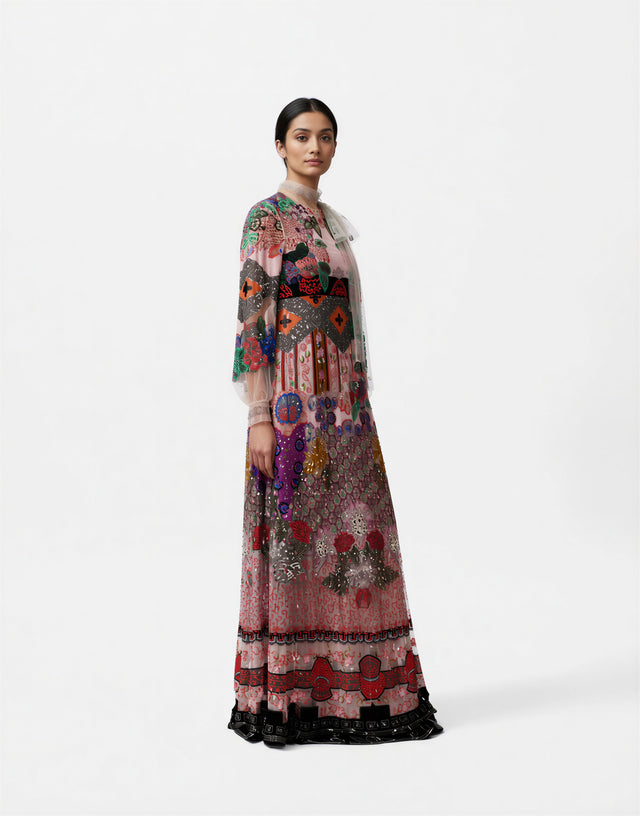 Valentino Multicolor Embroidered Sheer Long-Sleeve Gown
