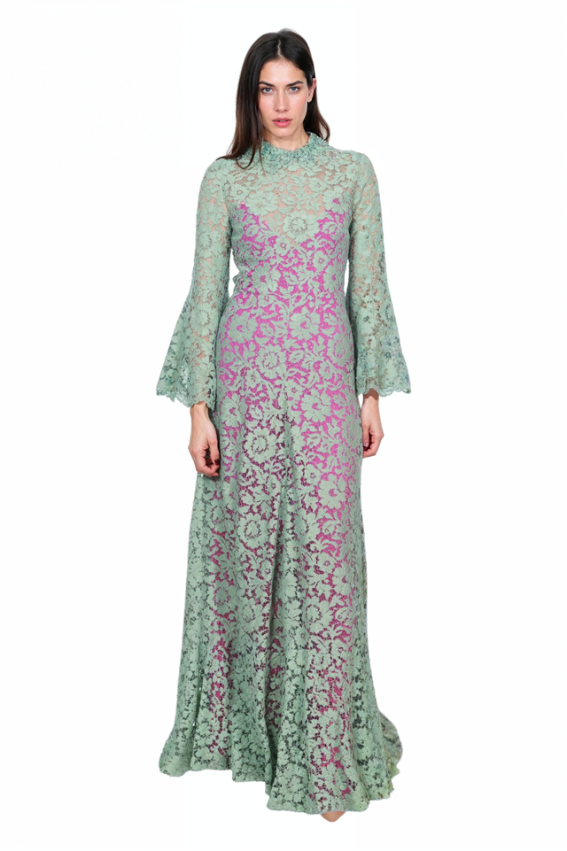 Valentino Mint Green Lace Gown with Fuchsia Lining