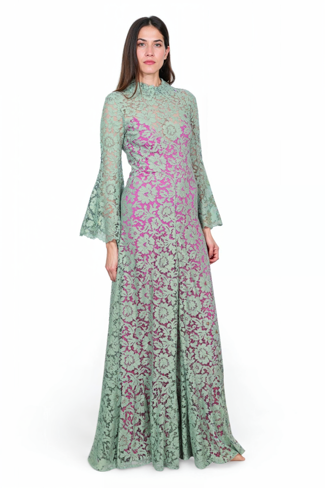 Valentino Mint Green Lace Gown with Fuchsia Lining