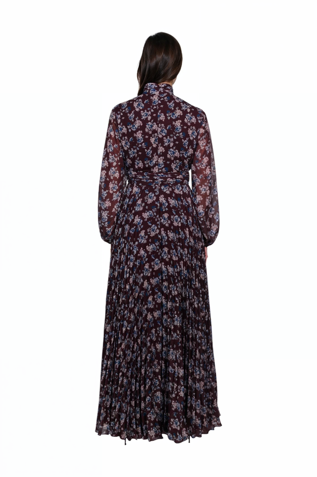 Mikael Aghal Floral Pleated Chiffon Maxi Dress