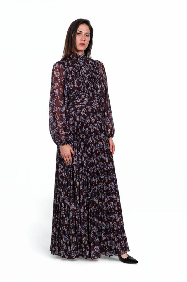 Mikael Aghal Floral Pleated Chiffon Maxi Dress