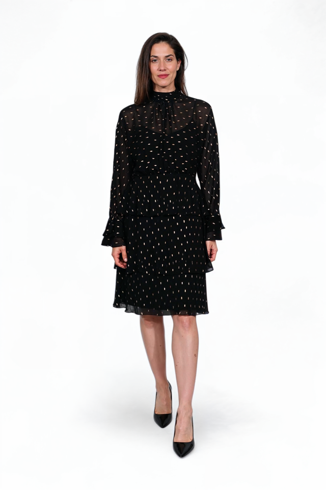 Mikael Aghal Black Metallic Dot Chiffon Tiered Dress with Ruffle Details