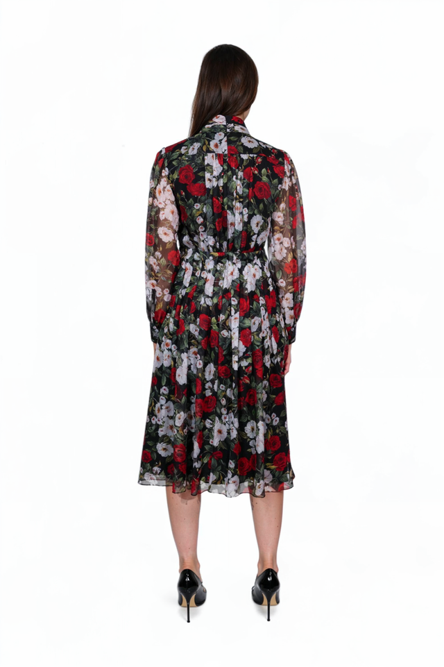Mikael Aghal Floral Print Sheer Sleeve Midi Dress